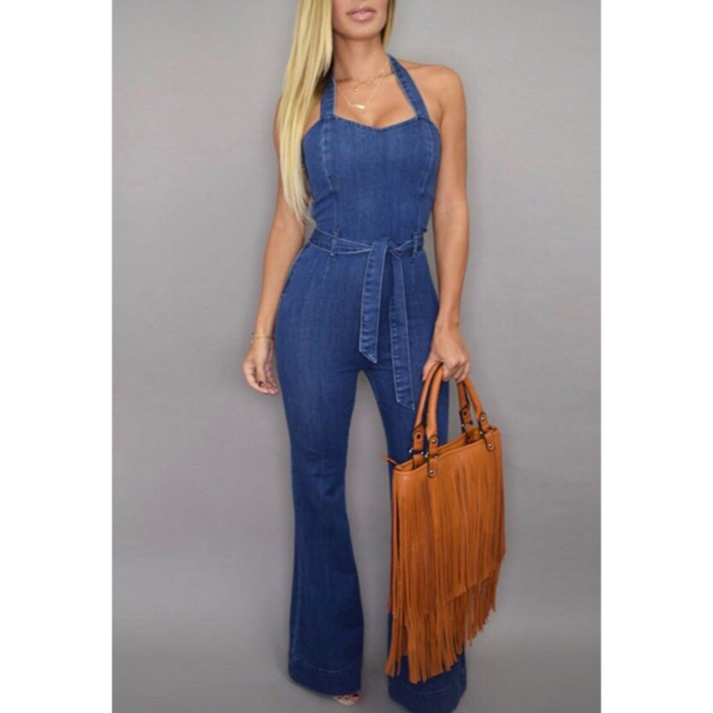 Blue Halter High Waist Denim Jumpsuit